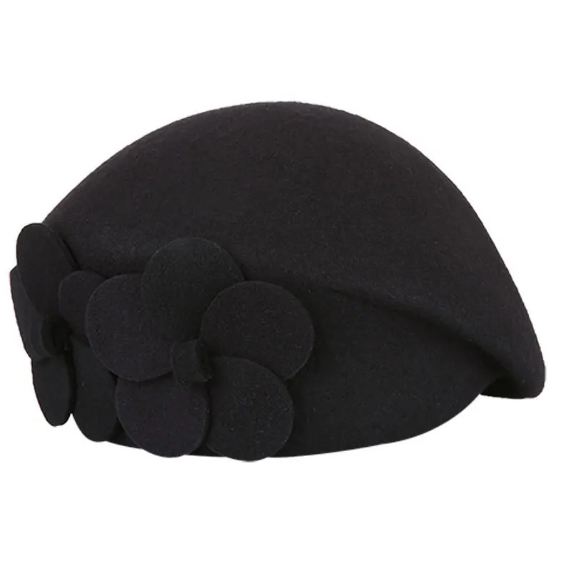 Vintage Black French Beret 100% Wool Hat Womens Pink Flower Fedora Winter Felt Womens Church Hat Chepeau Feminino Gift 250320
