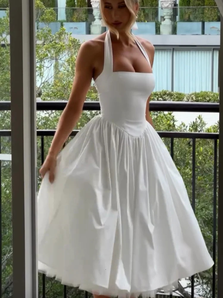 Elegant Solid High Waist Pleated A-line Dress Women Sexy Backless Sleeveless Slim Halter Dresses 2025 Street Party Vestidos 250325