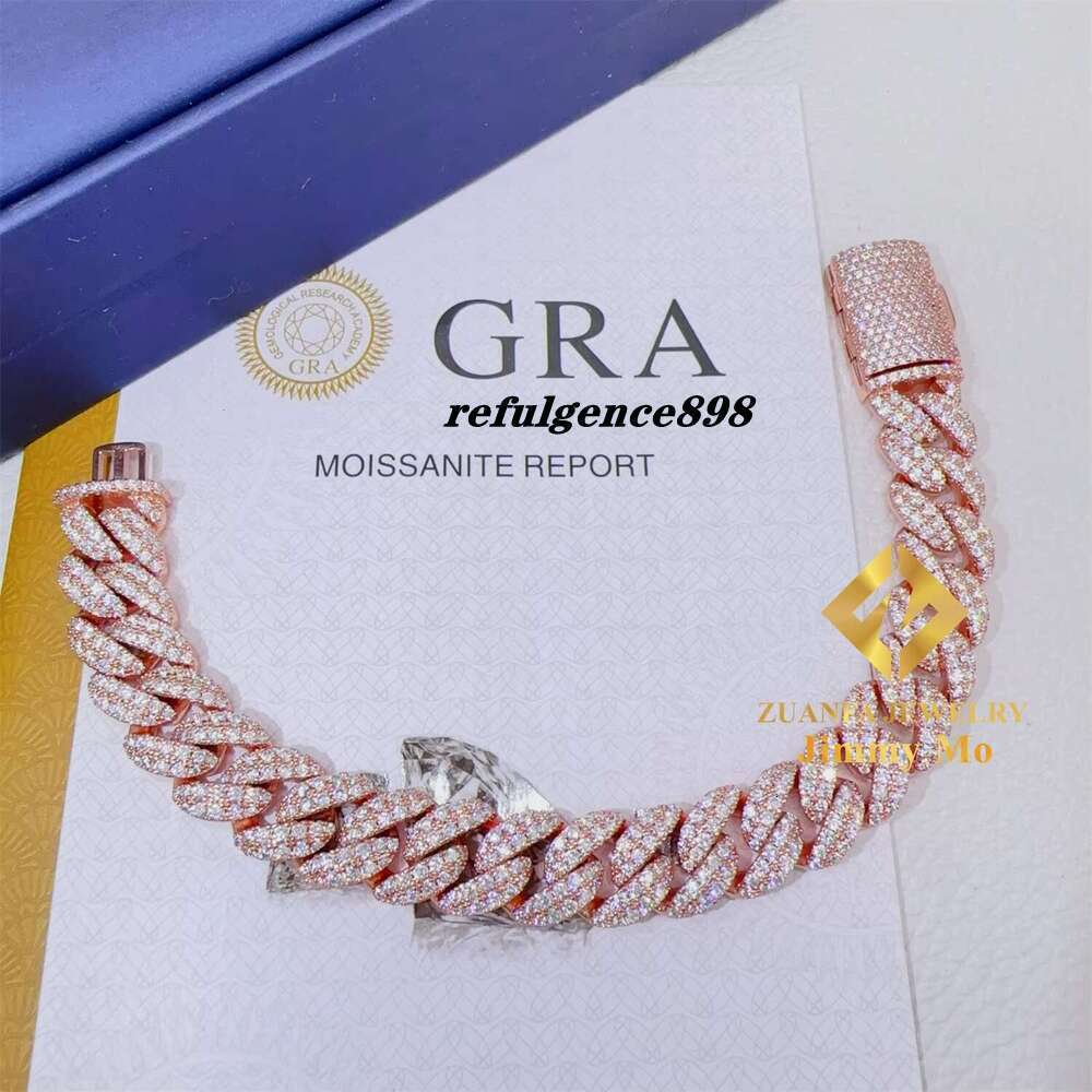 Solid Sier Rose Gold Plated Iced Out Hip Hop Fire Jewelry VVS Moissanite Dia Cuban K Chain Bracelet Man