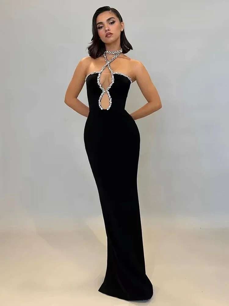 New Autumn Women's Black Strapless Dia Tight Long Bandage Elegant Celebrity Party Evening Dress