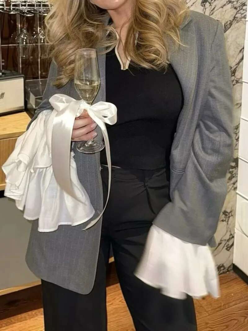 Autumn Women's Detachable Splice V Neck Woman Coats Fashion Striped Loose Long Sleeve Blazer Jacket Women Suit