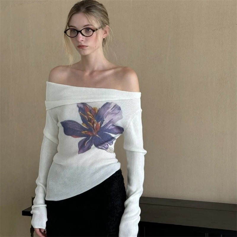 Women Clothing Autumn Floral Print Sexy Off Shoulder Slim Basic T-shirt Y2K Female Asymmetrical Long Sleeve Ribbed Knitted Tops 250324
