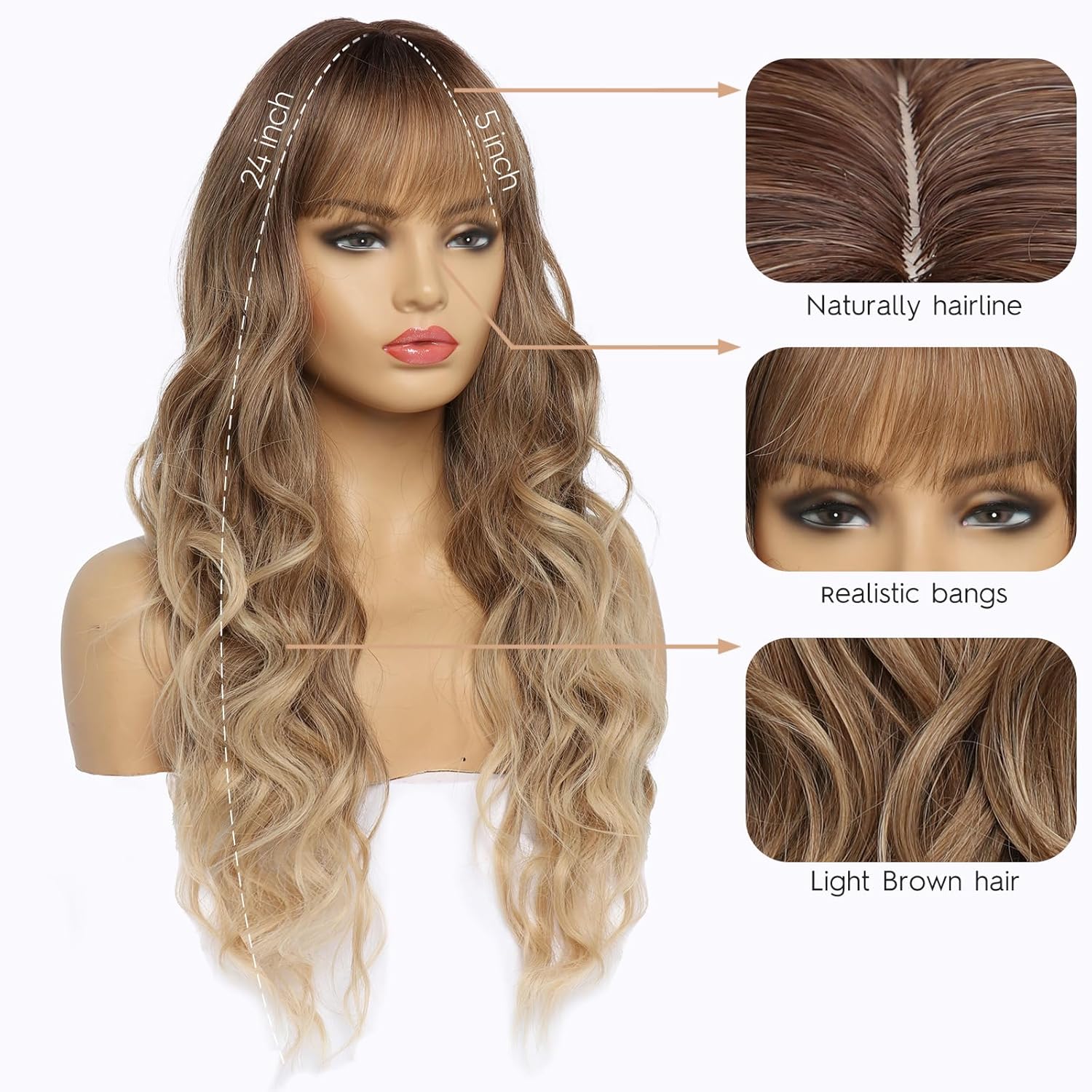 Long Ombre Blonde Wavy Wig with Bangs for White Women Dirty Blonde Natural Looking Female Wigs With Dark Roots Synthetic Fiber Hair Wig for Daily Part
