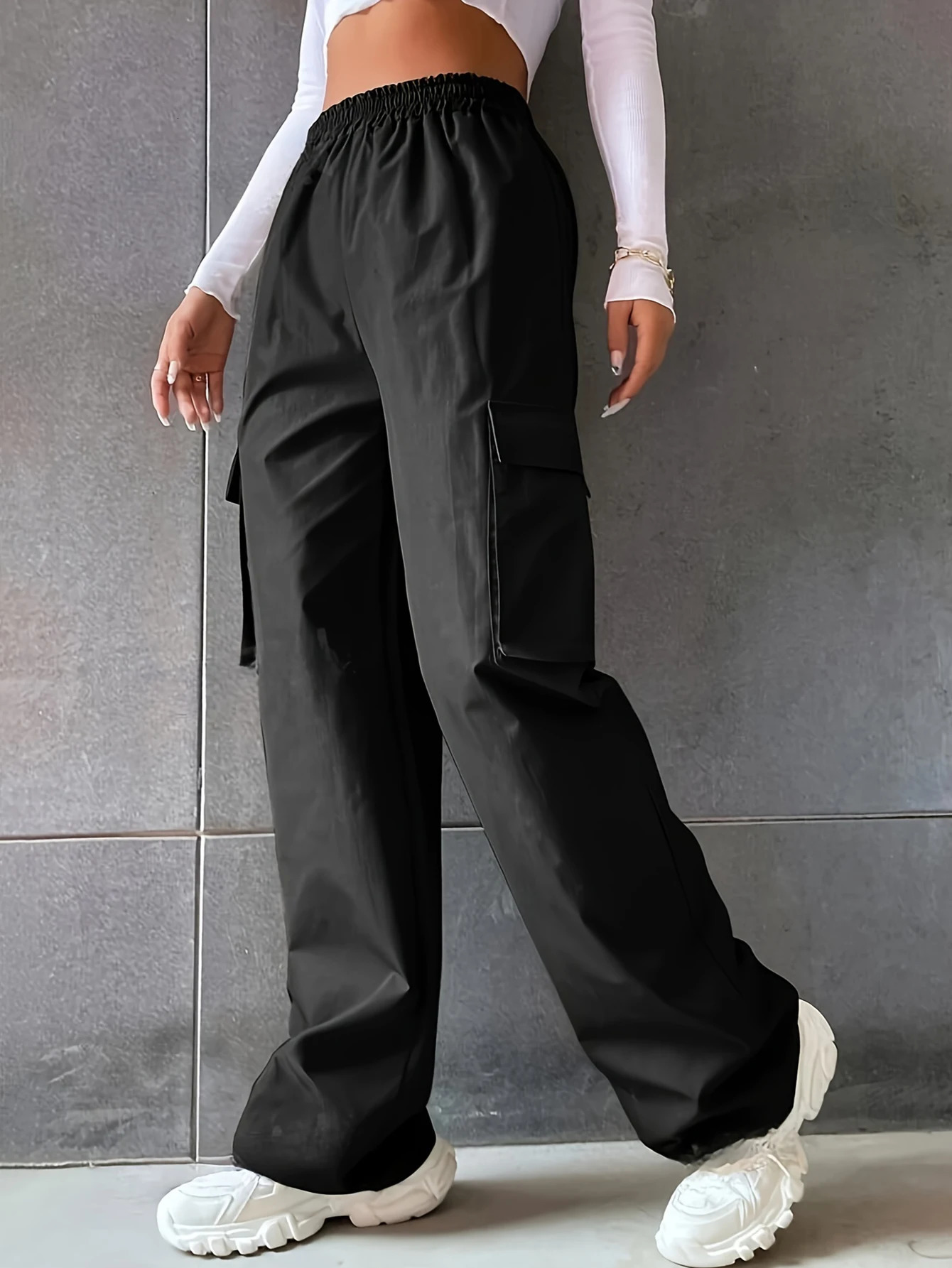 Trendy 2025 Womens Casual Summer Solid Black Wide Leg Pocket Pants Y2K Street Long Sports 250324Z