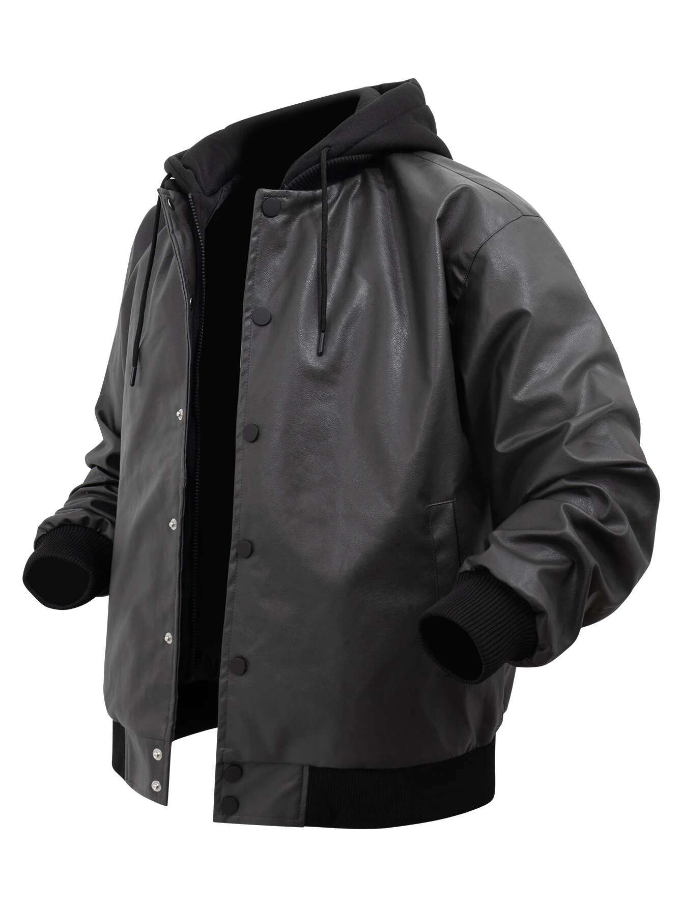 Men's Vintage Jackets Black False Two-Piece Hooded Pu Coats Loose Faux Leather Motorcycle Boomber Jacket For Fall&Winter