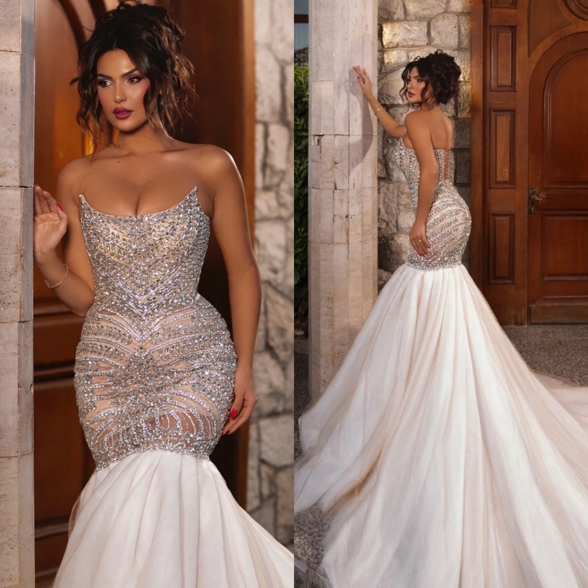 Luxurious Crystal Wedding Dresses Strapless Bridal Gowns Illusion Lace Up Mermaid Beaded Customized Princess Sweep Train Bride Dress Vestidos De Novia