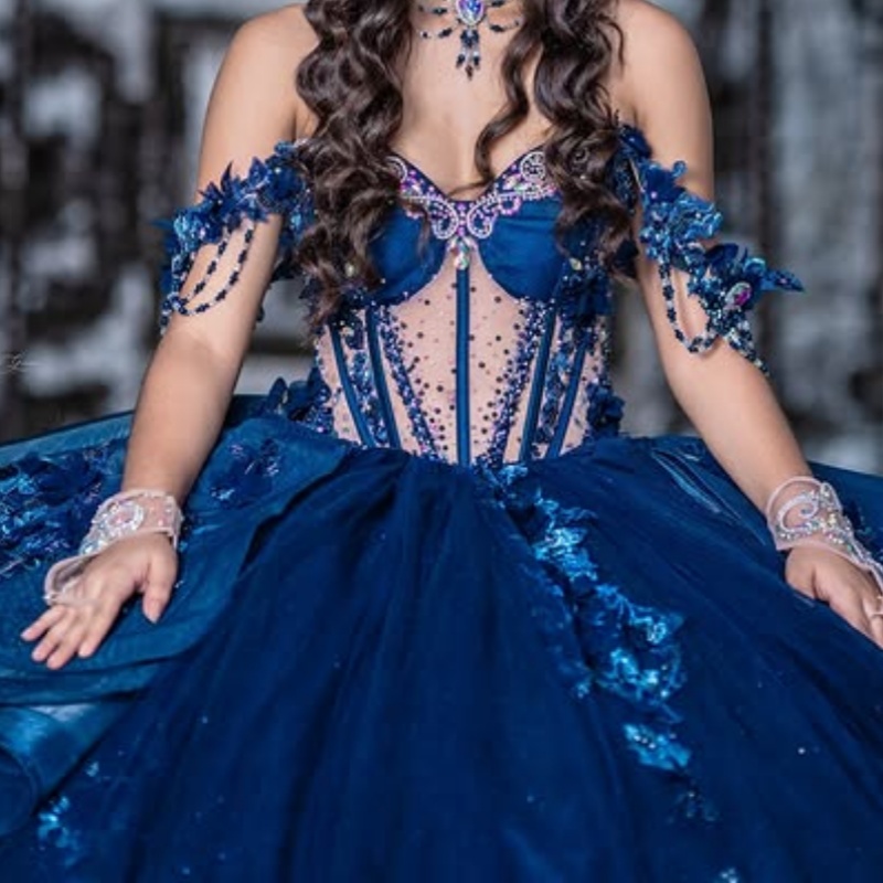 Royal Blue Shiny Princess Quinceanera Dresses Appliqued Lace Beads Tull Bow Sweet 16 Dress Off Shoulder Ball Gown Vestidos 15 De anos
