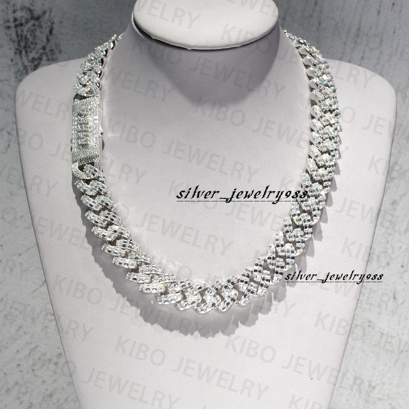Baguette Cut 925 Silver Miami Vvs Moissanite Cuban Chain Past Diamond Tester Iced Out Men Hip Hop Cuban Link Necklace