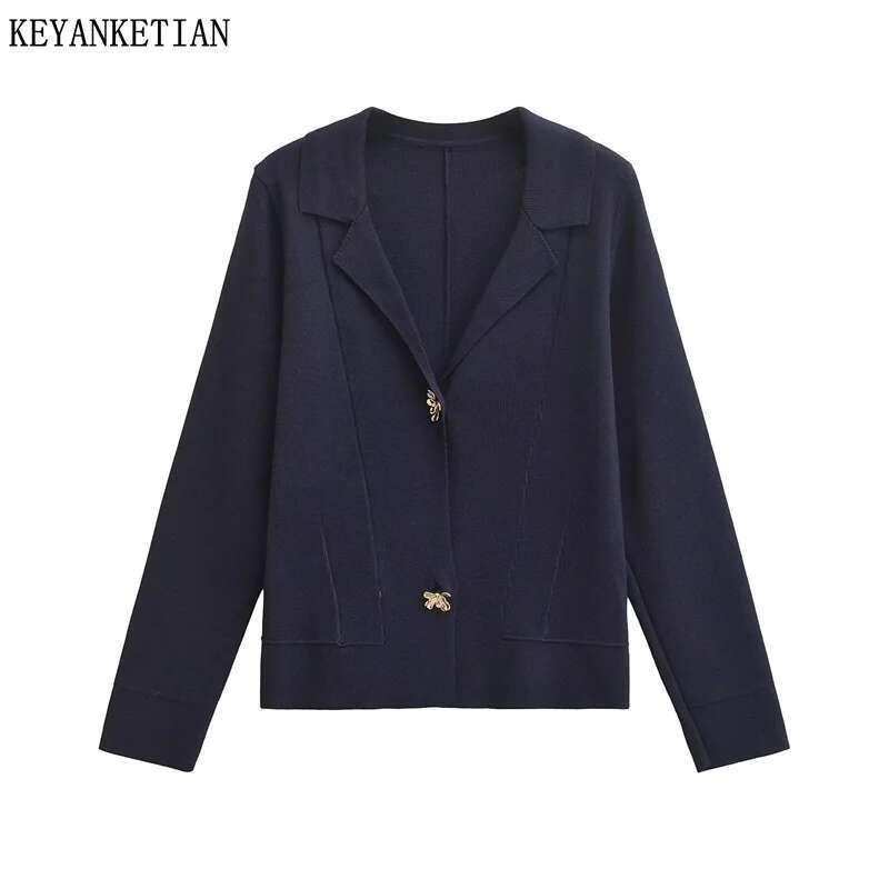 Autumn New Women's Wer Buttons Decoration Knit Cardigans Office Lady V-Neck Long Sleeve Navy Blue Sweater