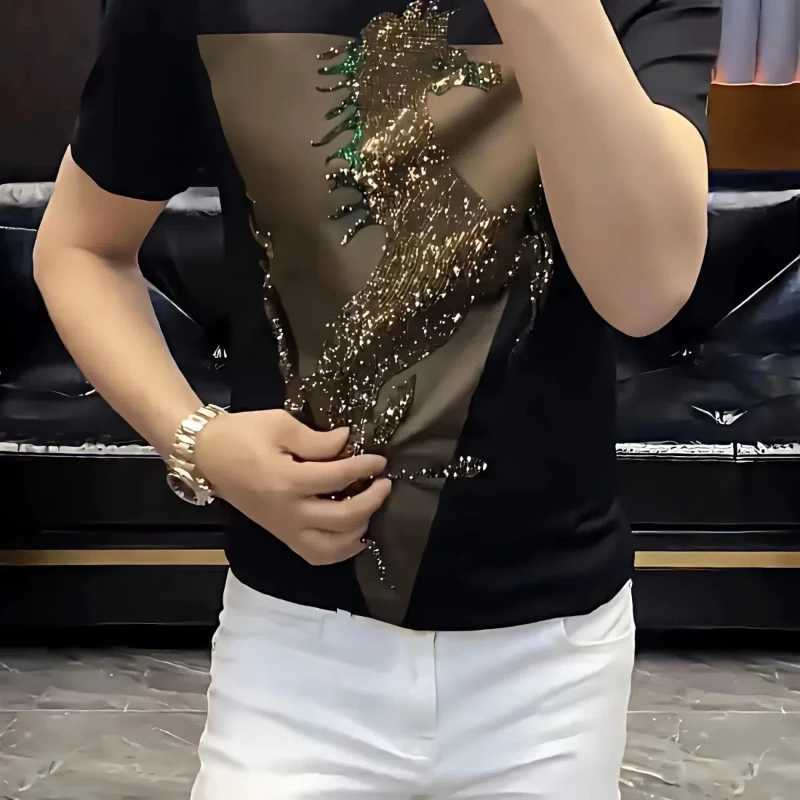 Mens fashion ultra-thin silk full matching plus size T-shirt summer new print black intelligent casual top retro mens clothing W250324