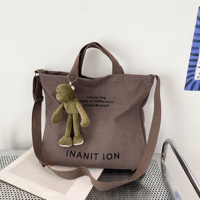 Crossbody brown canvas bag Washed canvas thickened tote bag Large capacity Fashion student bag neutral 2025