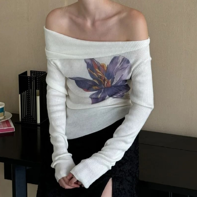 Women Clothing Autumn Floral Print Sexy Off Shoulder Slim Basic T-shirt Y2K Female Asymmetrical Long Sleeve Ribbed Knitted Tops 250324