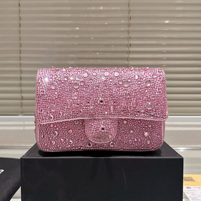 Shiny Rhinestone Diamonds Decoration Women Designer Dinner Bag Classic Flap Silver Hardware Matelasse Chain Bling Shoulder Cross Body Handbag Luxury Purse 20cm