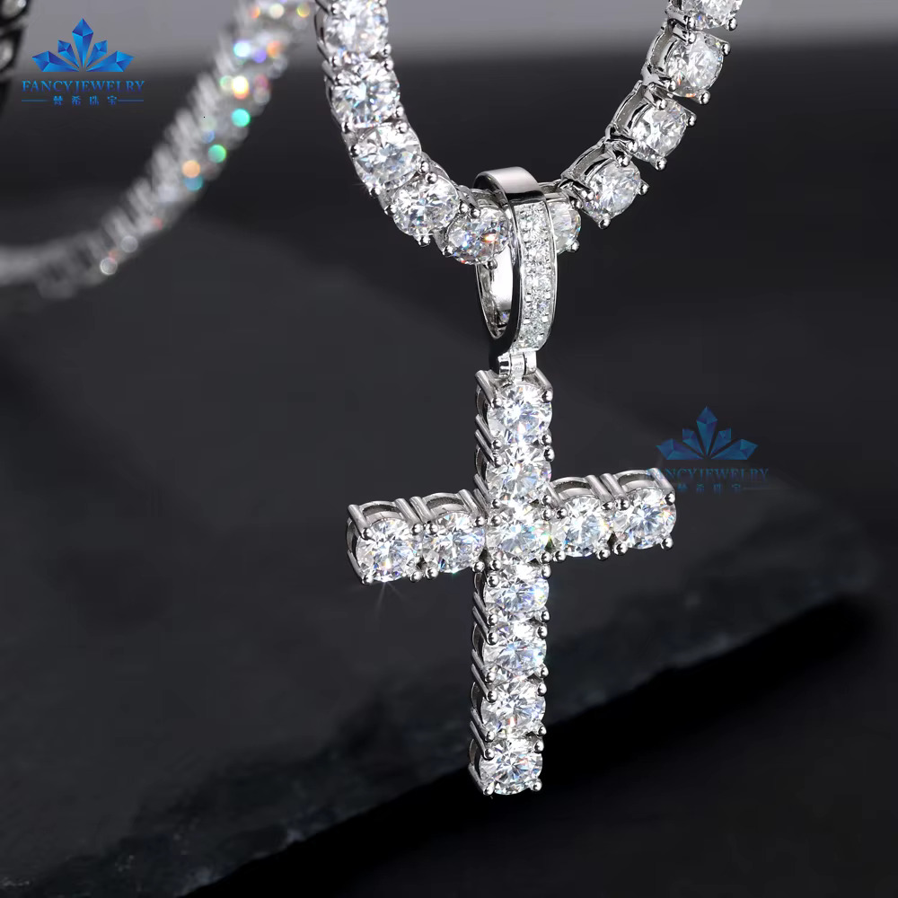 Hip Hop Jewelry 925 Silver White Iced Out VVS Moissanite Diamond Geometry Necklace Men 5mm Moissanite Cross Pendant