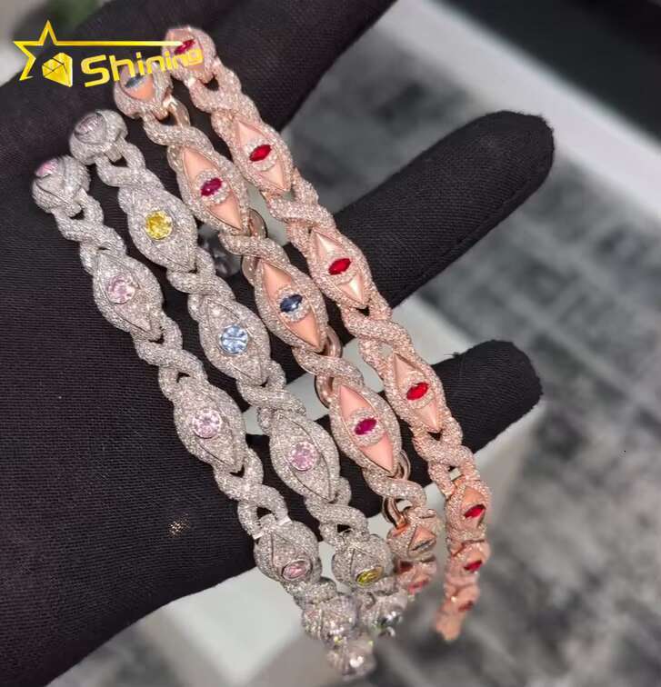New Style 13mm 15mm Wide Colorful Diamond Chain Hip Hop Jewelry 925 Sterling Silver Evil Eye Moissanite Cuban Link Bracelet Men