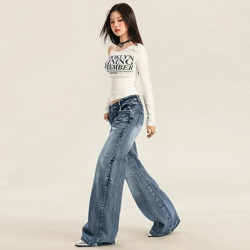 Autumn womens streetwear washed denim pants vintage straight pants casual loose fit high waist wide leg jeans 250321