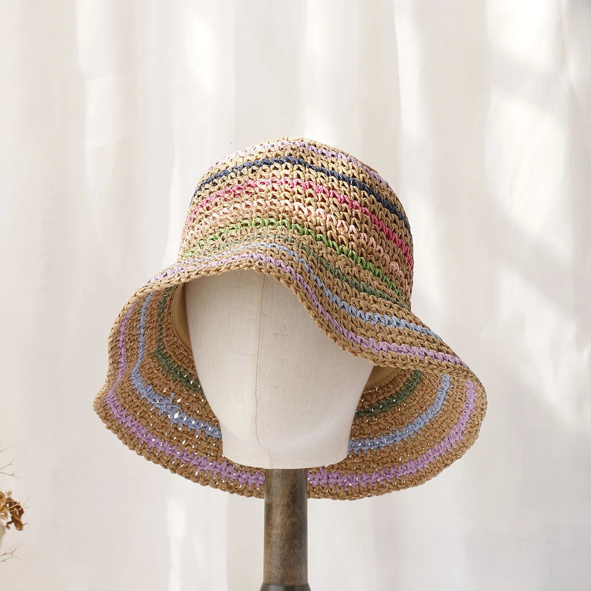 Womens straw hat crochet hat striped rainbow UV protection sunshade beach hat womens sun hat womens sun hat 250320