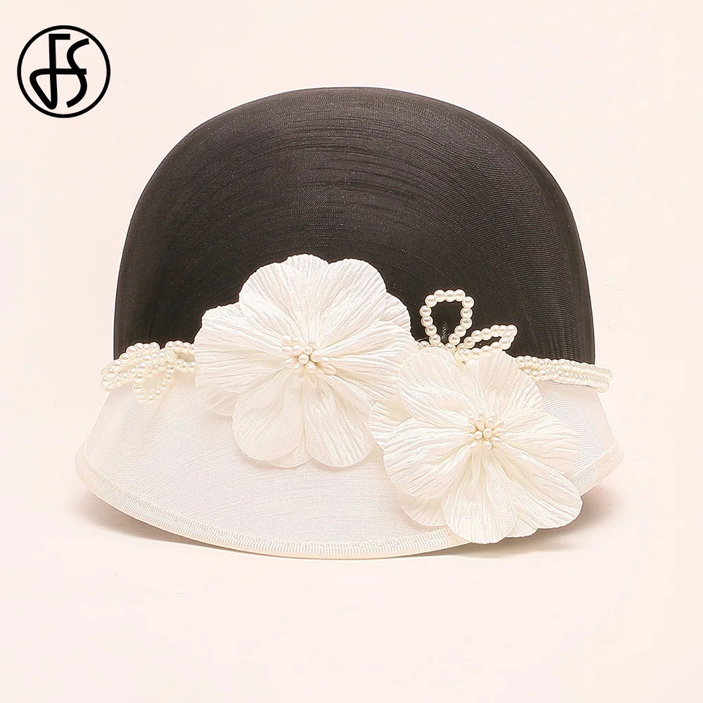 FS Elegant White Black Hat with Flowers Top British Ladies Retro Cocktail Party Hat Wedding Church Millionaire Winter 250320