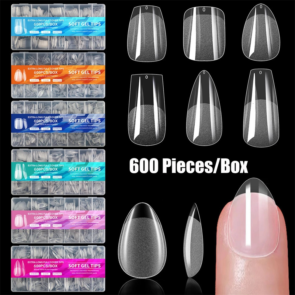 600 pieces of soft gel X nail tip supplies for acrylic nail gel full cover false nail tip ultra short almond nail tip square medium 250324
