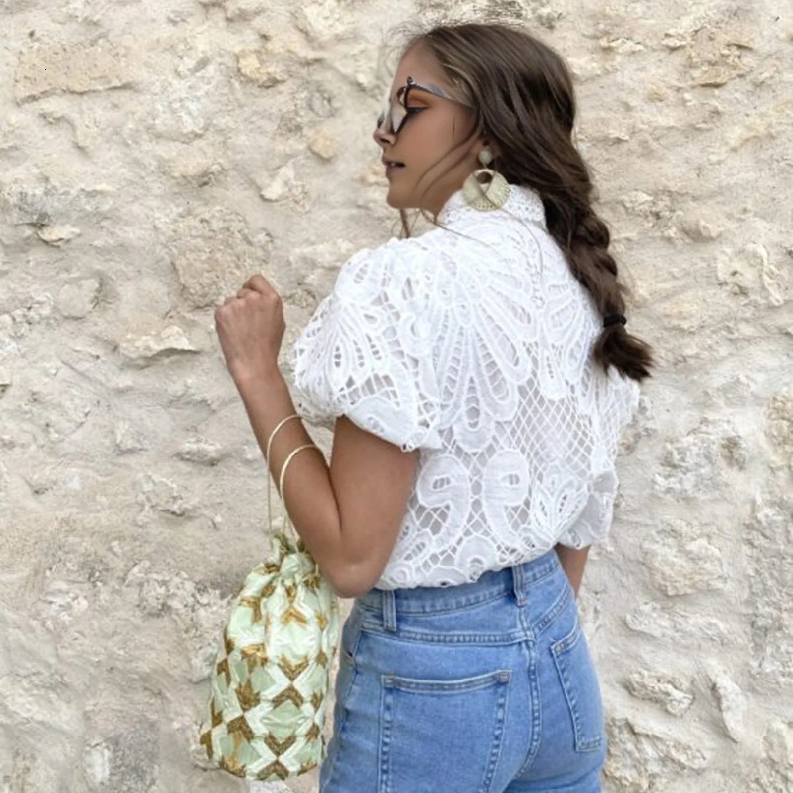 Lace Shirt Top Women Elegant Blouse Lace Crochet Shirt for Women Slim Fit Lapel Short Sleeve Shirt with Puff Sleeves Women 250321