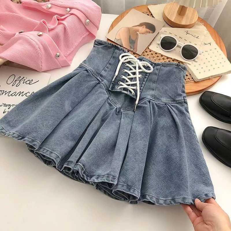 Short Girl Spring/Summer New Elastic Strength Cowboy Wrinkle Short Korean Elastic Waist 2024 Childrens ClothingT250326