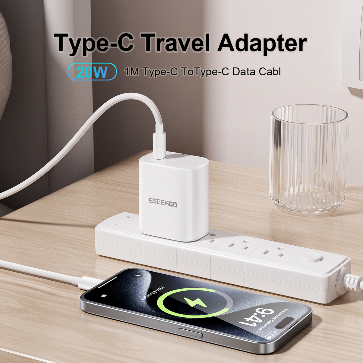 USA STOCK ESEEKGO T-22UC Travel Adapter (20W US Standard ) With 3.3FT Type-C To Type-C Fast Charging Cable With Retail Package ship in 2 days