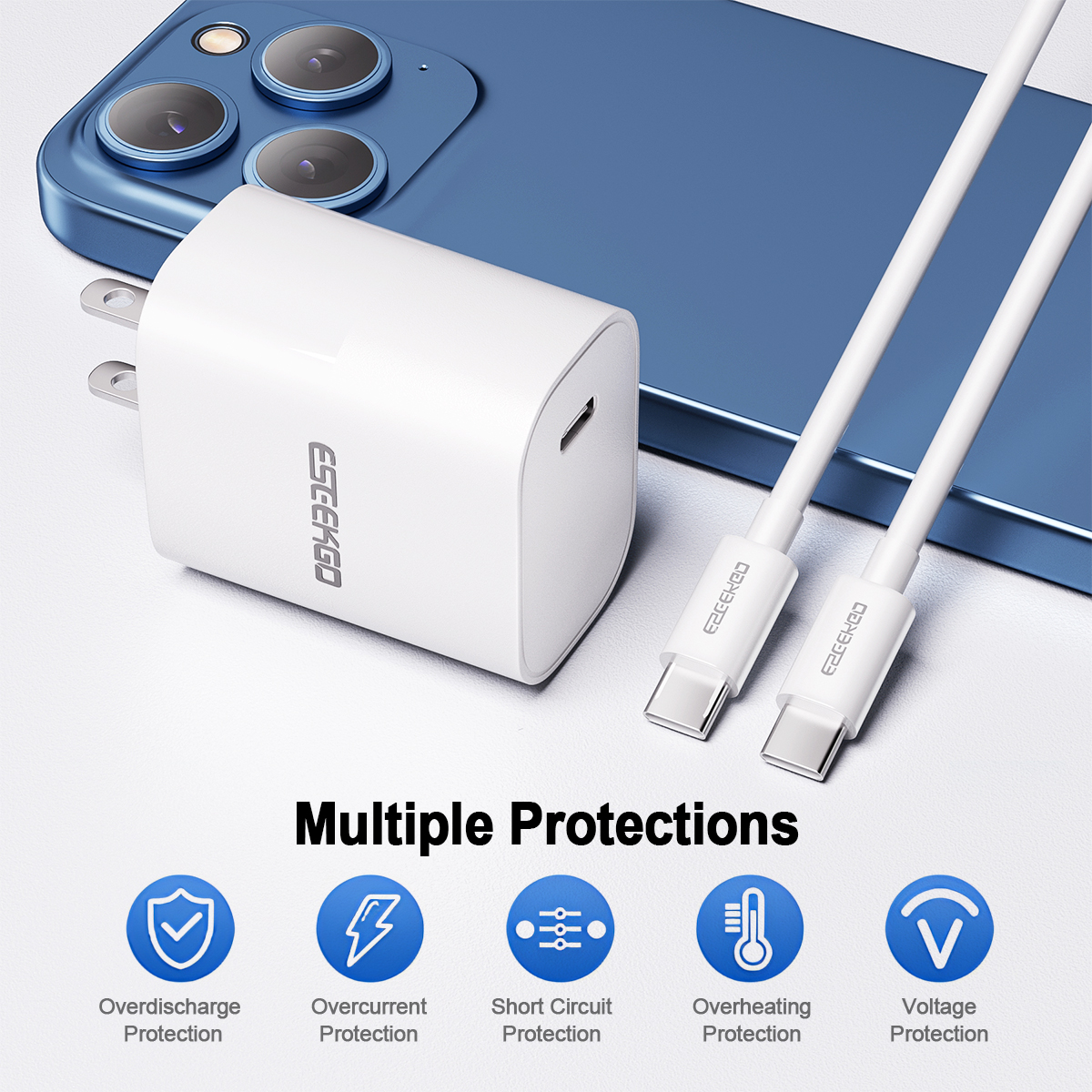 USA STOCK ESEEKGO T-22UC Travel Adapter (20W US Standard ) With 3.3FT Type-C To Type-C Fast Charging Cable With Retail Package ship in 2 days