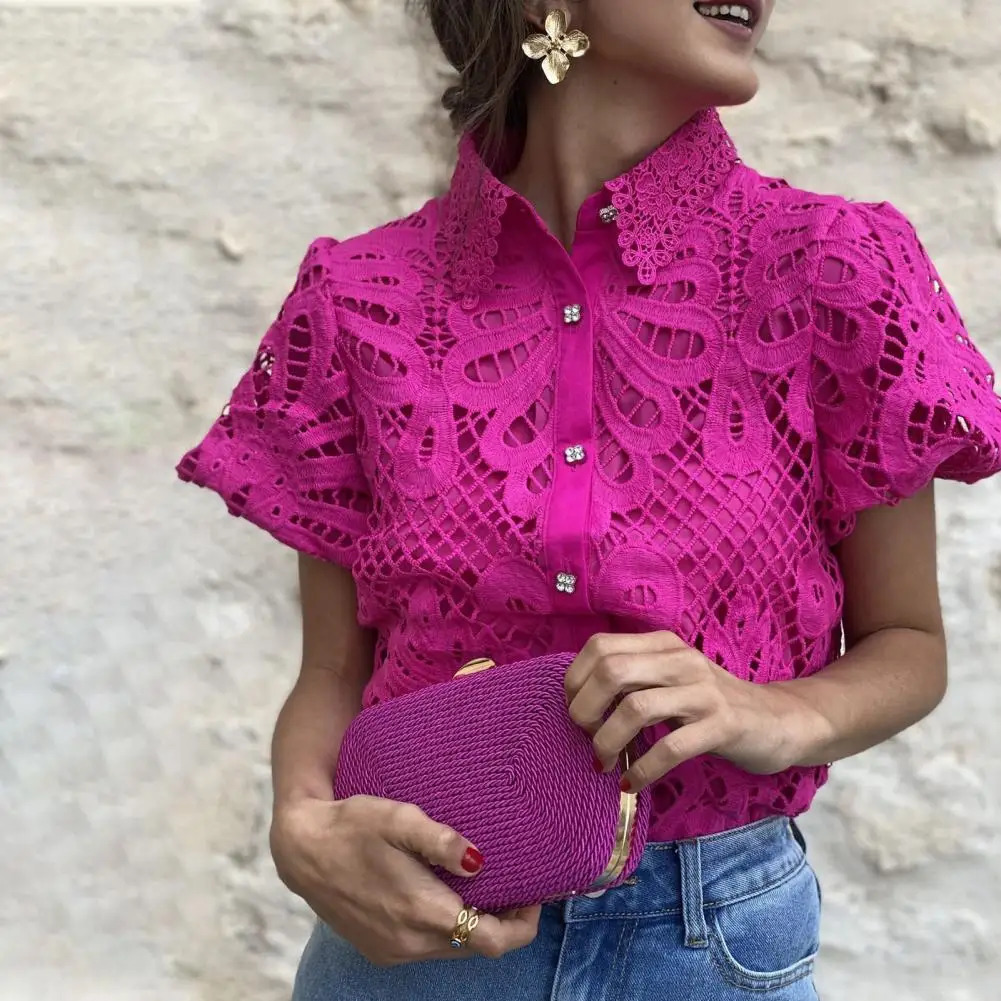 Lace Shirt Top Women Elegant Blouse Lace Crochet Shirt for Women Slim Fit Lapel Short Sleeve Shirt with Puff Sleeves Women 250321