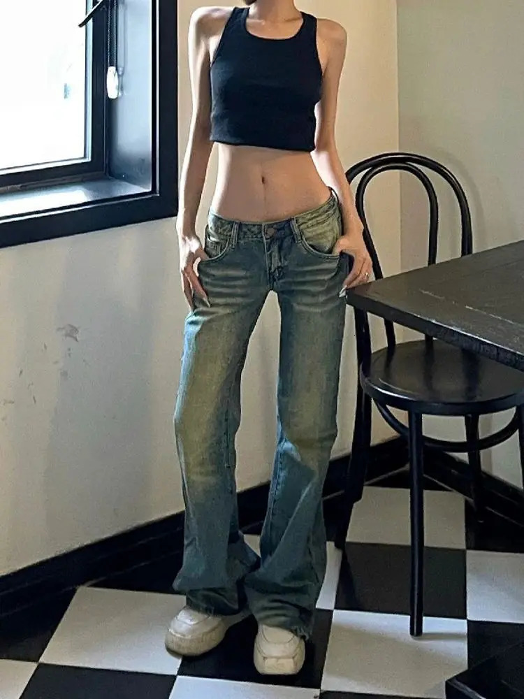 Flare Jeans Womens Retro American Style Low Waist Trouser Distressed Street Wear Retro Loose Casual Cool Ins Chic 250321