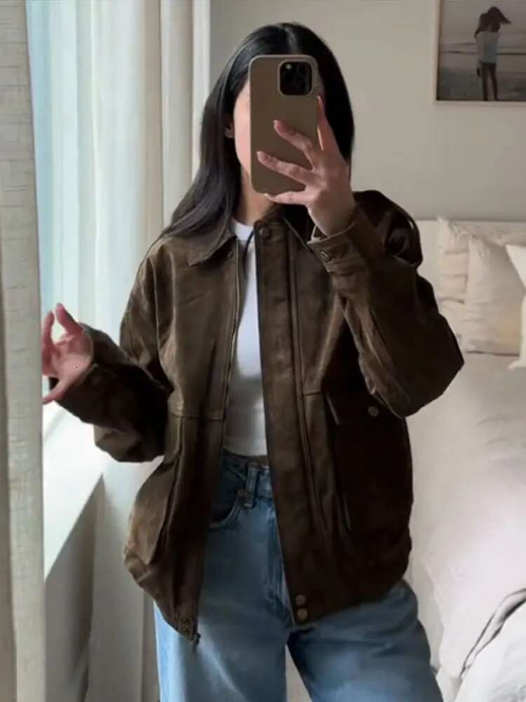 Retro Spring Women's Jacket Long Sleeve Zipper Big Pocket Female Coat Street Fashion Turndown Collar Loose Lady Outwears