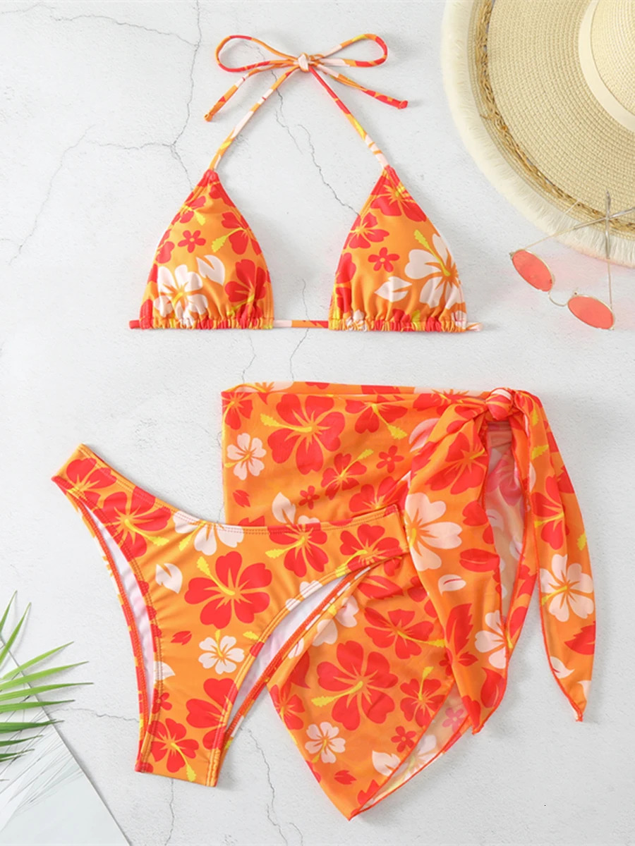 2024 Printed Slips 3Piece Bikini Skiing Swimsuit Womens Bathtub 250321