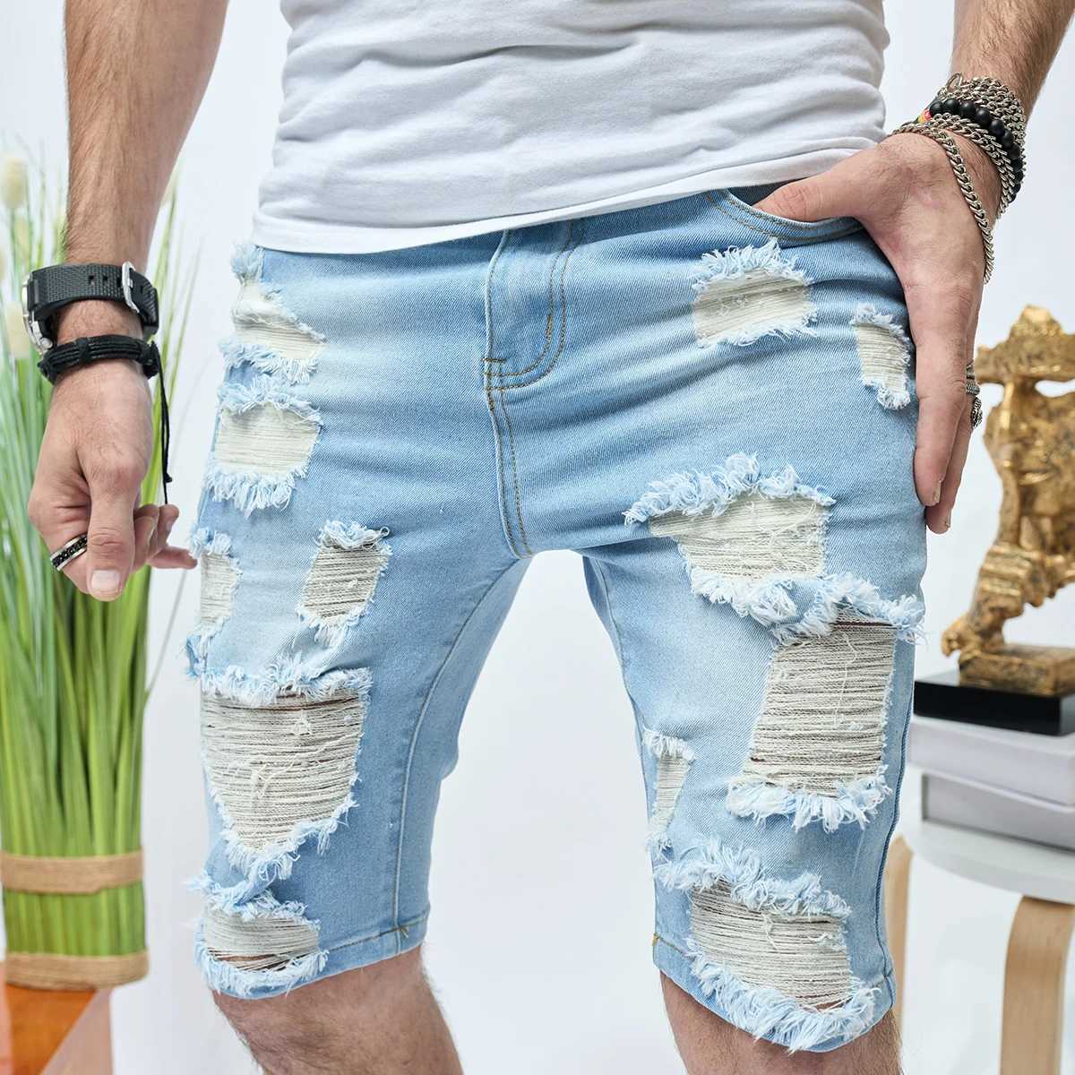 Summer Ripped Shorts Jeans Mens Hip-Hop Denim Pants Stretch Light Blue Fashion Slim Straight Male Denim Shorts T250603