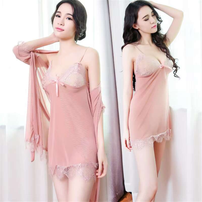 Hot & Sexy Iconic Sex Women's 2-Piece Underwear Nightdress Solid Night Robe Lace Gerie