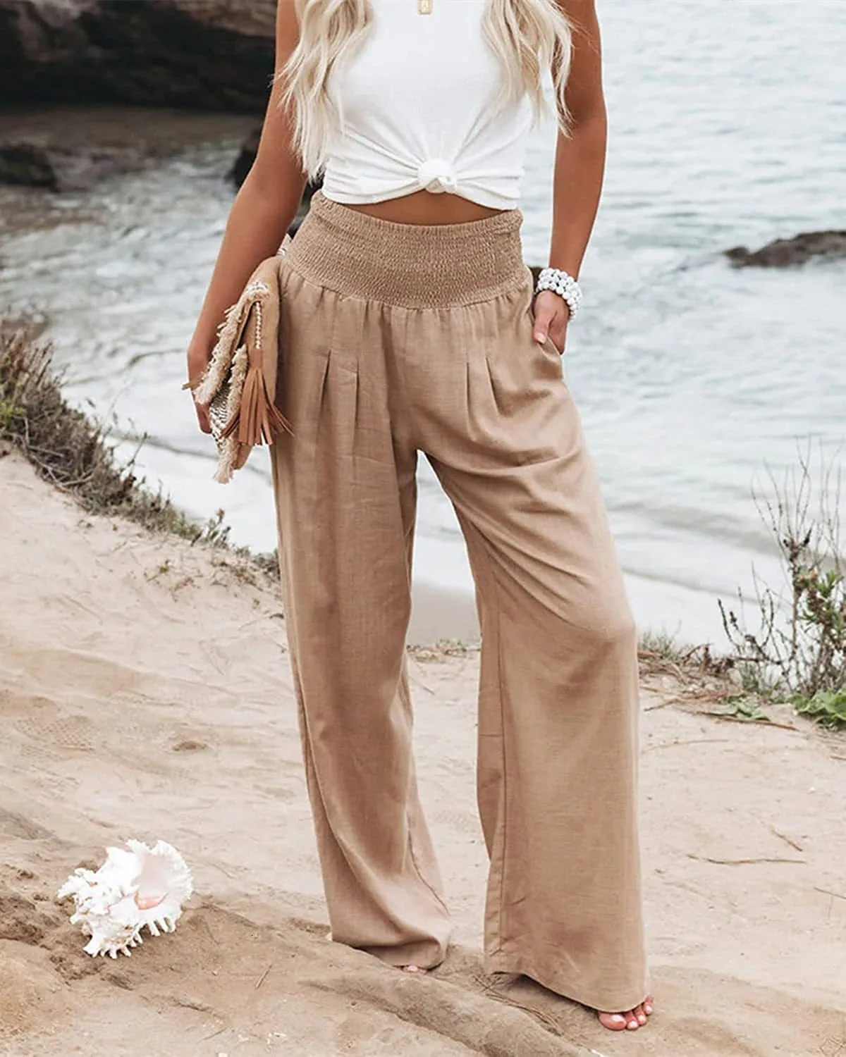 selling womens clothing in spring and summer cotton linen woven wide leg casual pants for beach 250324