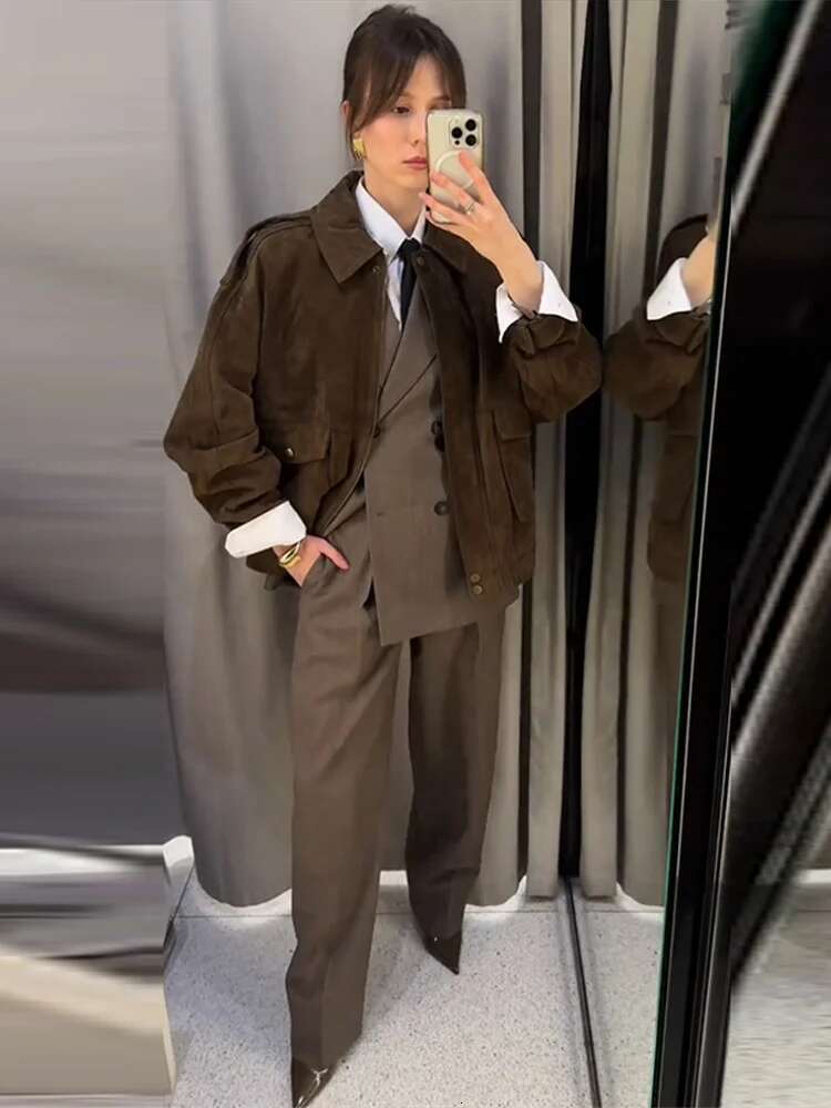 Retro Spring Women's Jacket Long Sleeve Zipper Big Pocket Female Coat Street Fashion Turndown Collar Loose Lady Outwears