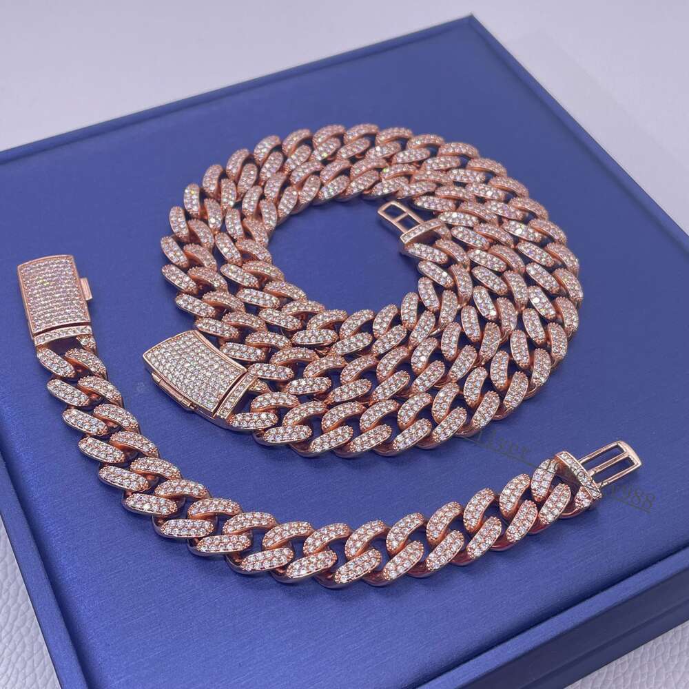 Trendy Jewelry 14mm Hiphop Chain S925 Two Rows Vvs Moissanite Diamond Iced Out Fashion Cuban Link Chain