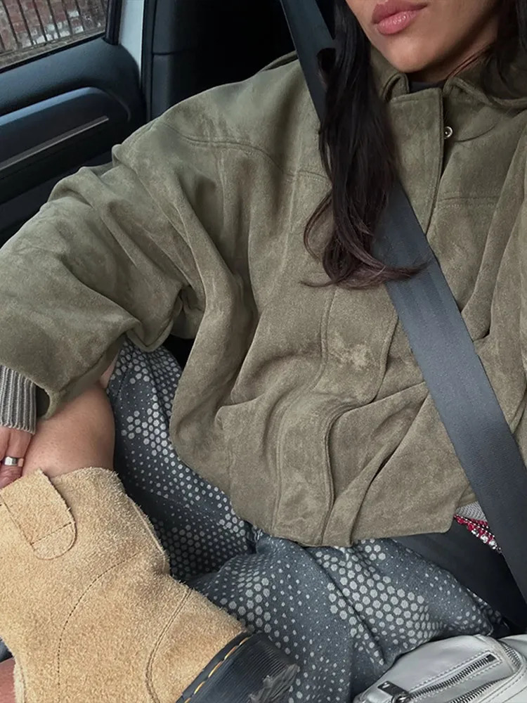 Brown Green Suede Jacket Women Lapel Zipper Long Sleeve Pockets Bomber Coat 2025 Spring Autumn Lady Loose Motorcycle Outwears 250325