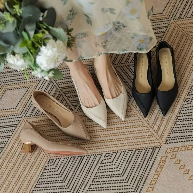 Wearing medium high heels formal sexy toe womens shoes square high heels beige shoes womens Square L Spring Korean Lastest E 250318
