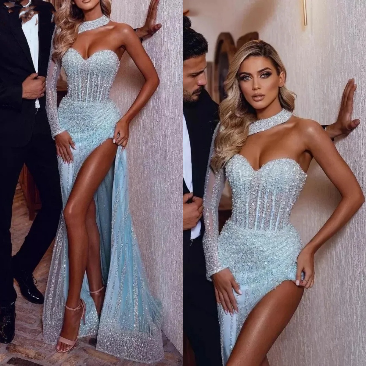 Fashion Evening Dresses Sweetheart Neck One Sleeves Gown Sequins Beaded Split Side Sweep Train Party Customized Dress