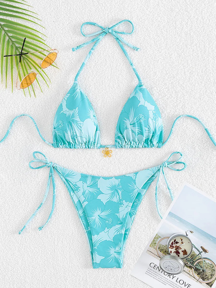 Bikini Set Womens Print 2 Piece Swimsuit Sexy Laceup Triangle Halter Backless Swimwear Beach Vacation Bathing Suit 2025 250321