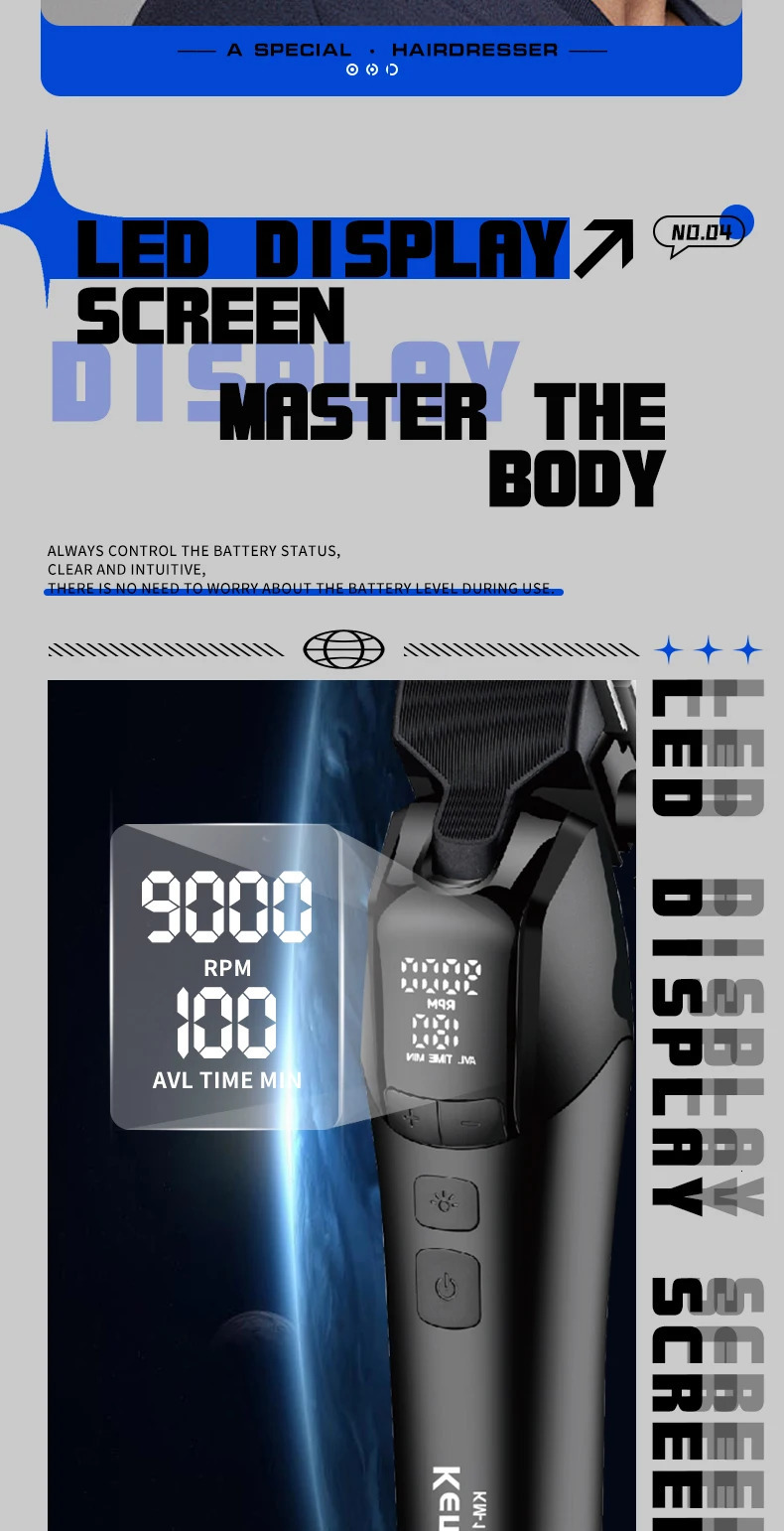 KEMEI DLC Blade Electric Hair Clipper Professional Cordless Usb Rechargeable Hair Clippers With Light KM-1858 250324