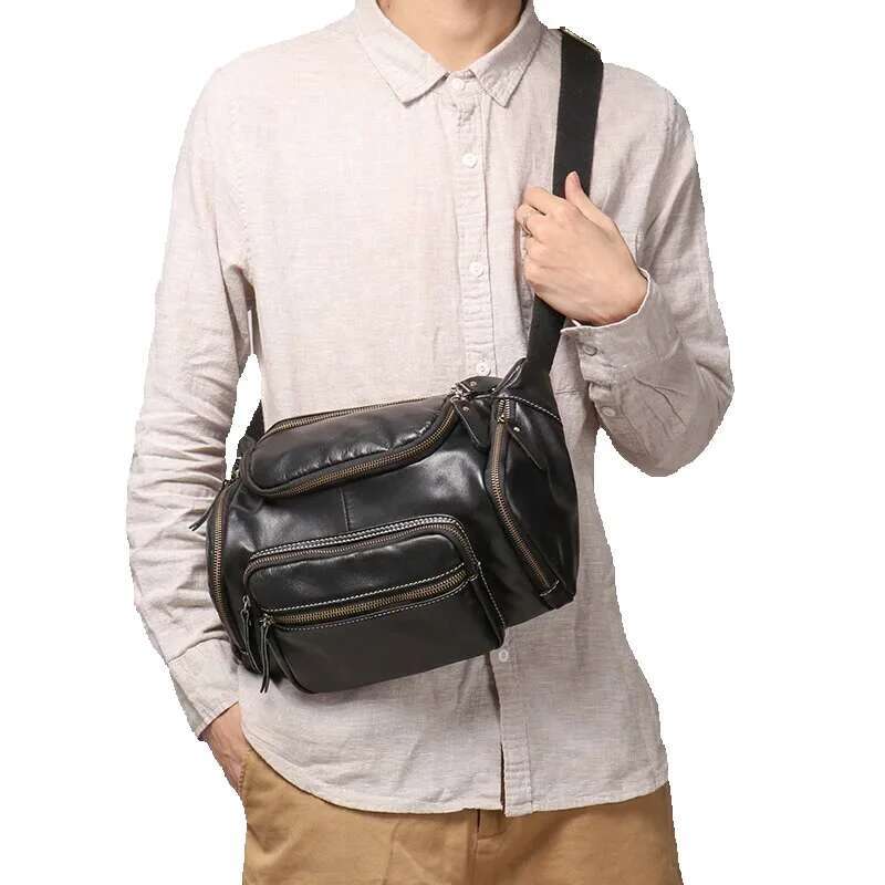 LUOKIR Genuine Men's Chest Large Capacity Oil Leather Waist Bag, Sports Cowhide Shoulder Crossbody Bag