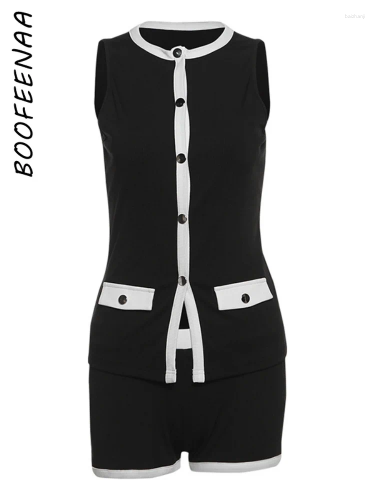 Lanjia- Women's Tracksuits BOOFEENAA Two Piece Sets Women Sleeveless Button-Down Cardigan Top And Shorts Set Casual Black Outfits Woman 2025 0007