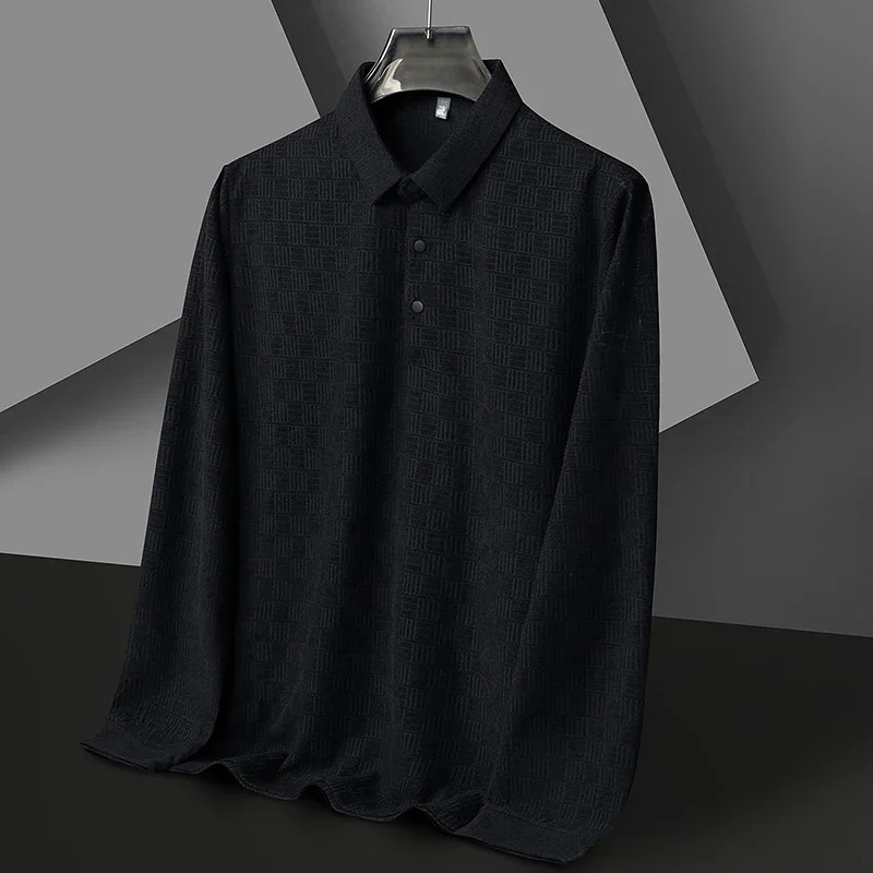 Mens Business Casual Long Sleeved Shirt Solid Color Polo Fashionable Breathable Comfortable Versatile Top 250311