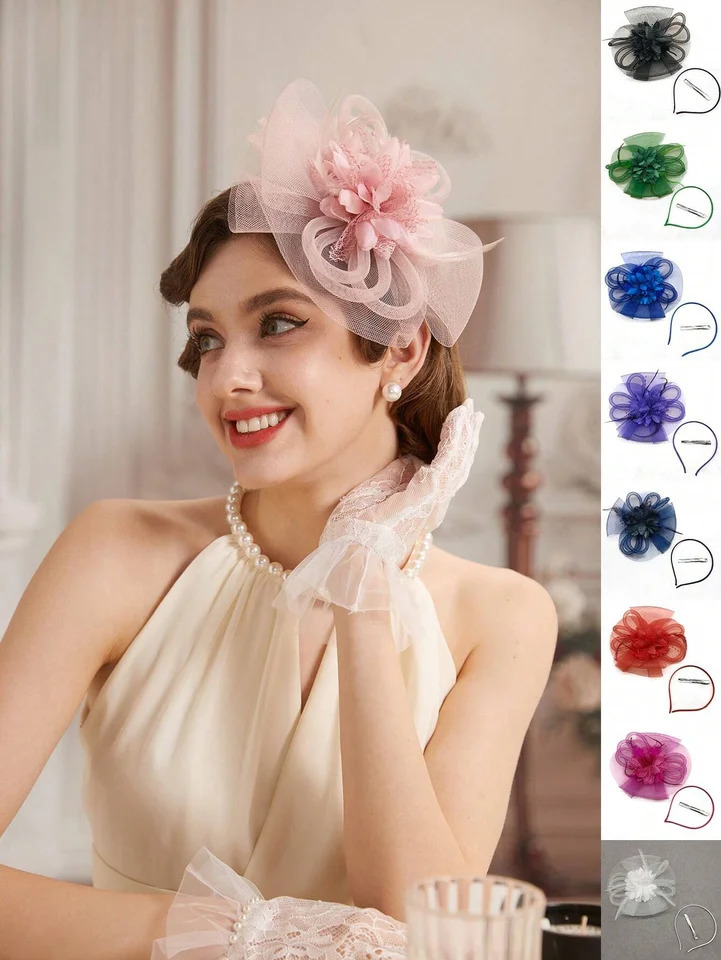 1 Pc Fascinators For Women Tea Party Headband kentucky Hats Flower Mesh Feathers Headwear Hair Clip For Wedding 250324