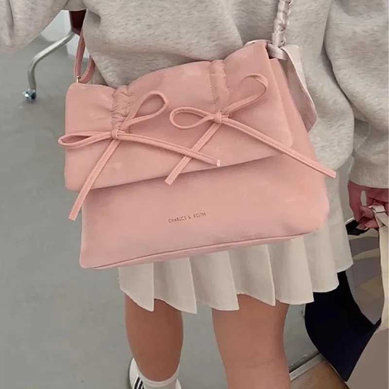 MBTI pink womens shoulder bag 2024 fashionable pleated elegant casual bow handbag scarf large capacity exquisite womens handbag Z250324