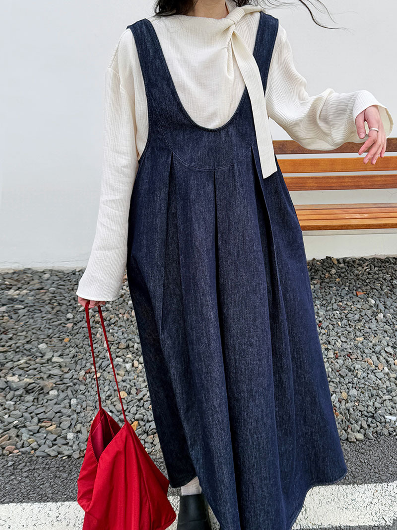 K8150 A3 high quality retro U-neck vest denim dress female 2025 spring new design versatile long skirt