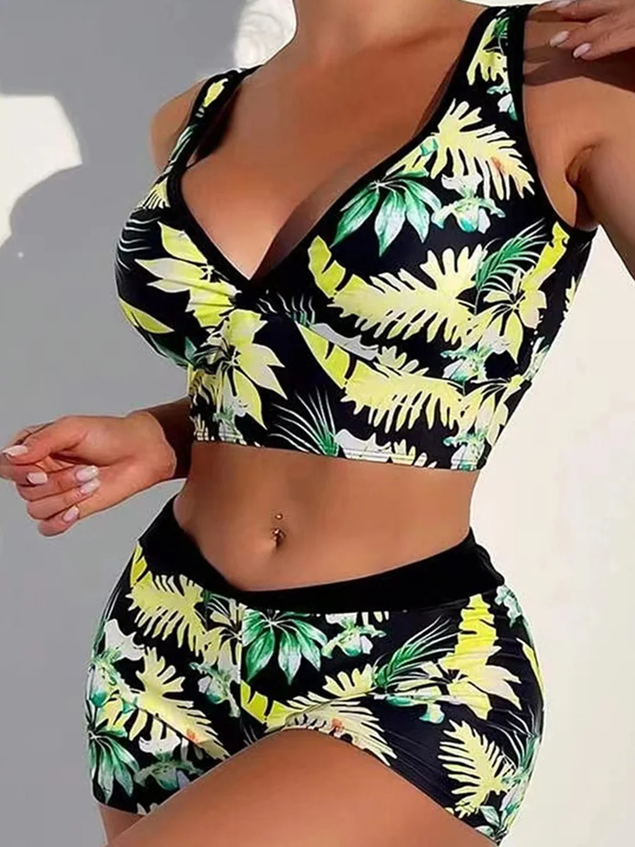 Print Vneck and waist boxing bikini 2024 swimsuit womens apron bathroom beachwear 250321