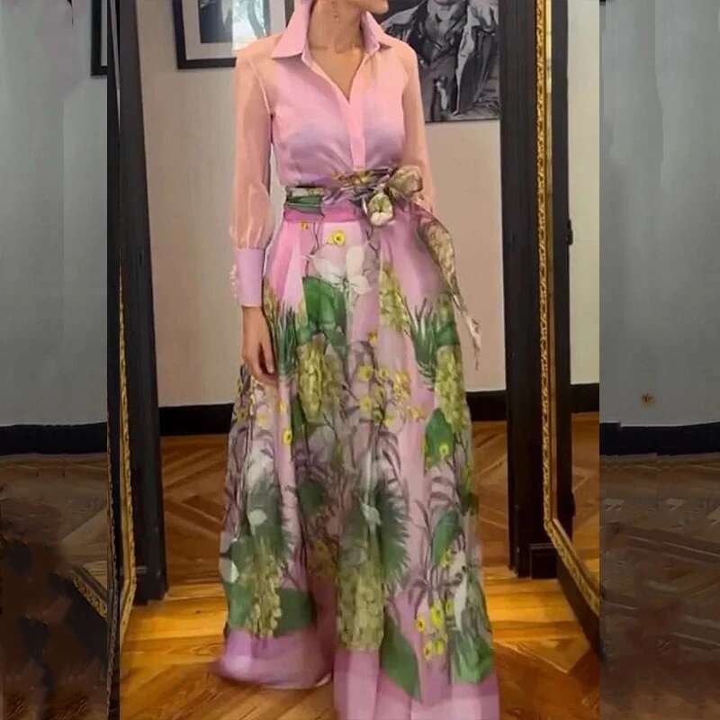 Women Lapel Long Sleeved Shirt And A-E Skirt Suit Casual Commuting Slim Outfits New Spring Elegant Pattern Printed Party Set