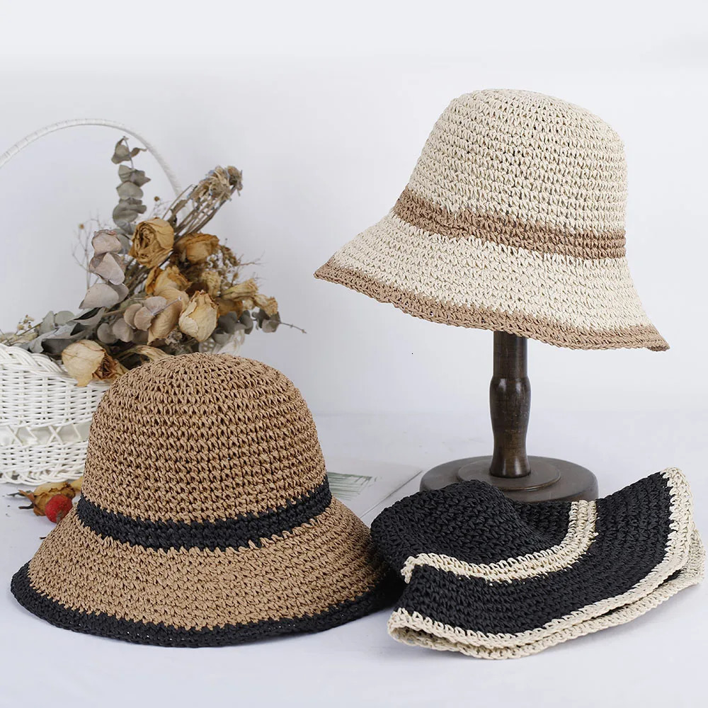 Girls Fashion Style Bucket Hat Multi Color Folding Sun Stripe Hat Used for Beach Travel and Vacation Handmade Straw Hat 250320